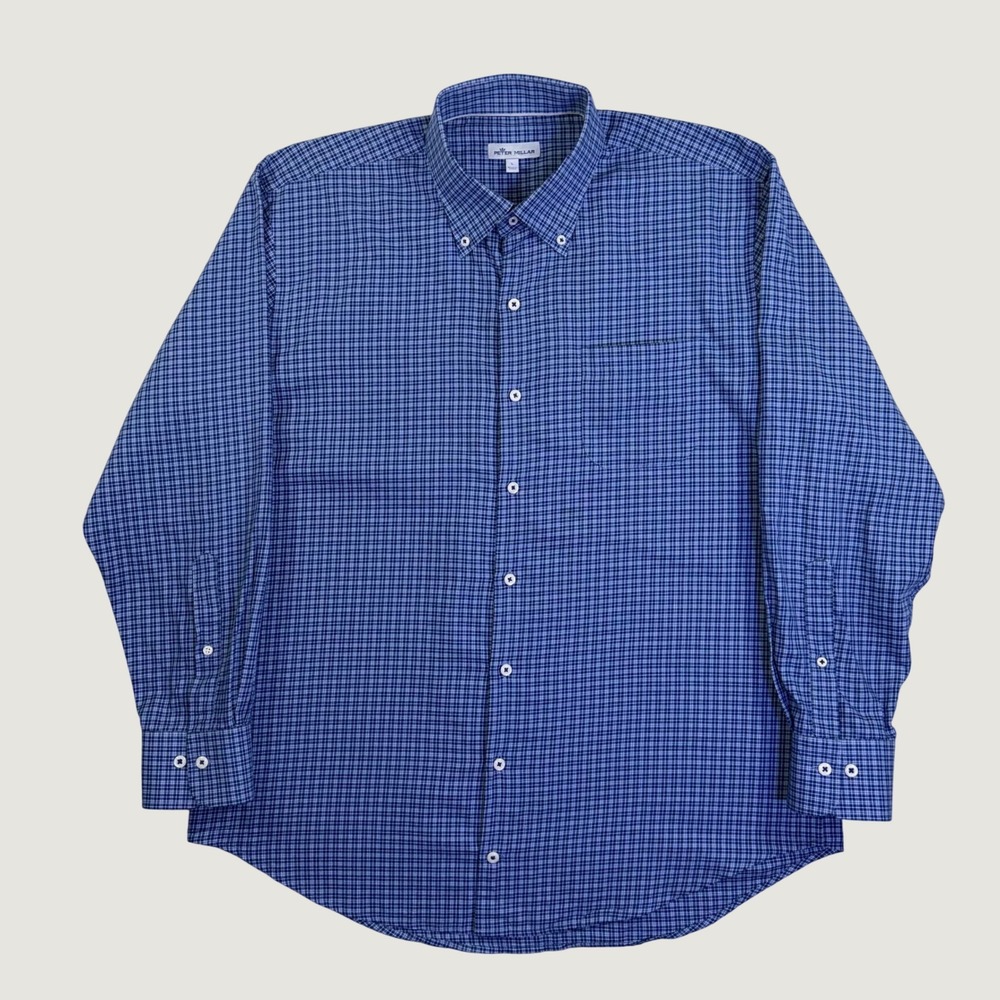 Peter Millar Mens Blue Micro Check Cashmere Blend Button Down Shirt Large - Picture 2 of 13